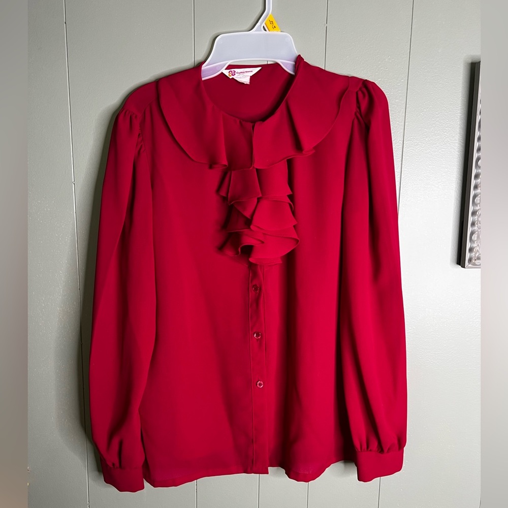 Women's Red Ruffle Front Blouse - Picture 6 of 7